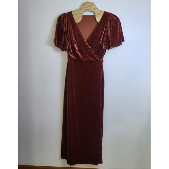 Rust Velvet Maxi Wrap Dress Flutter Sleeve V Neck Formal Gown Bridesmaid size 18 - Picture 1 of 8